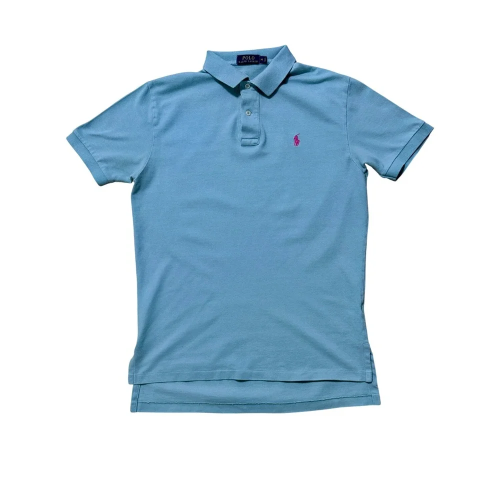 Polo Ralph Lauren Mens M Blue Cotton Mesh Short Sleeve Polo Shirt Pink Pony